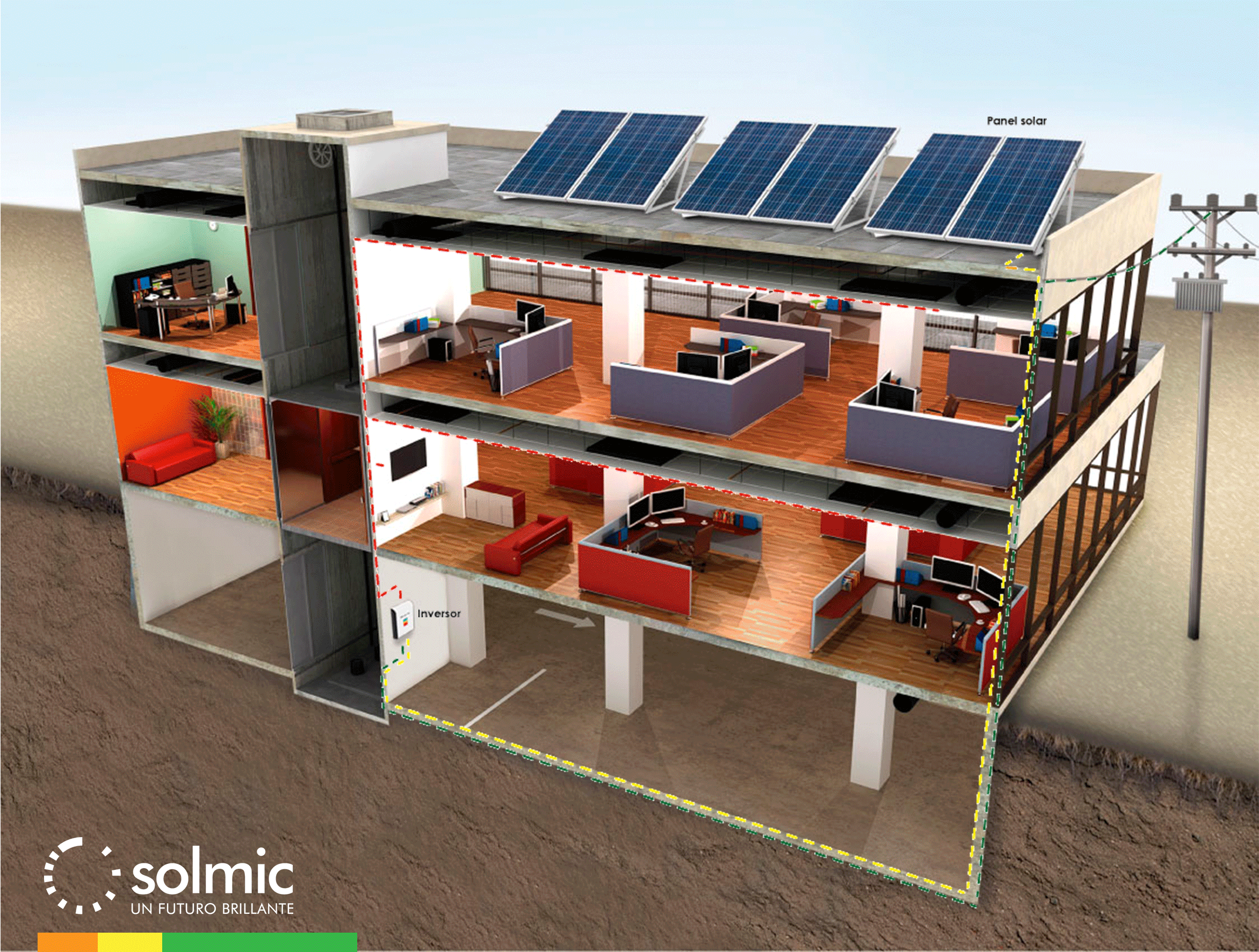 Una ilustración de un edificio con paneles solares en el techo.