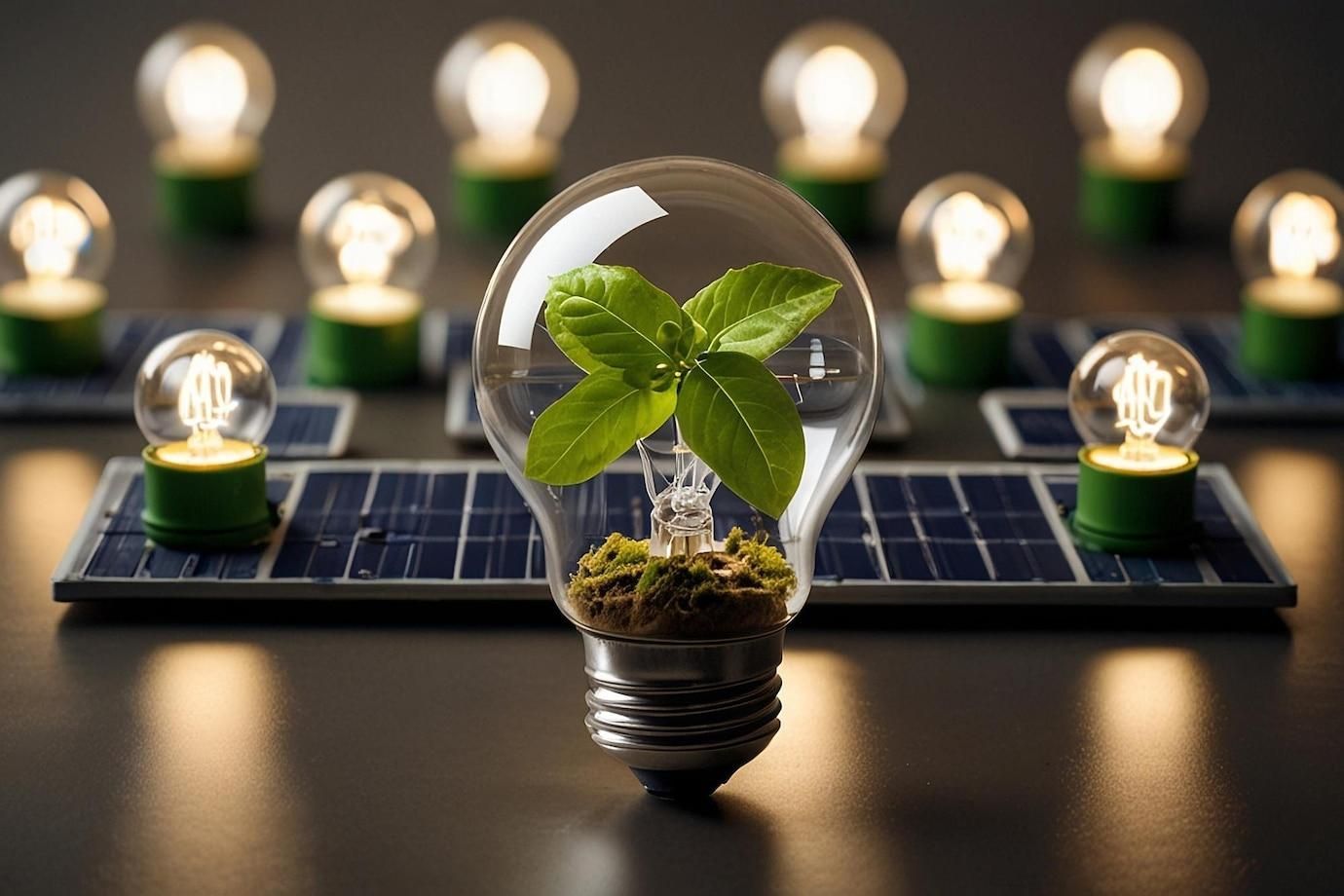 Una bombilla con una planta dentro está colocada encima de un panel solar.
