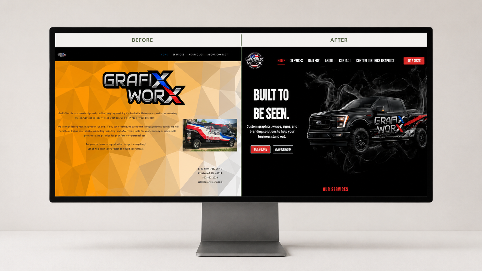 Before and after brand website comparison on monitor