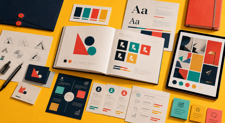 Colorful branding and UI design mockups laid out on a yellow desk