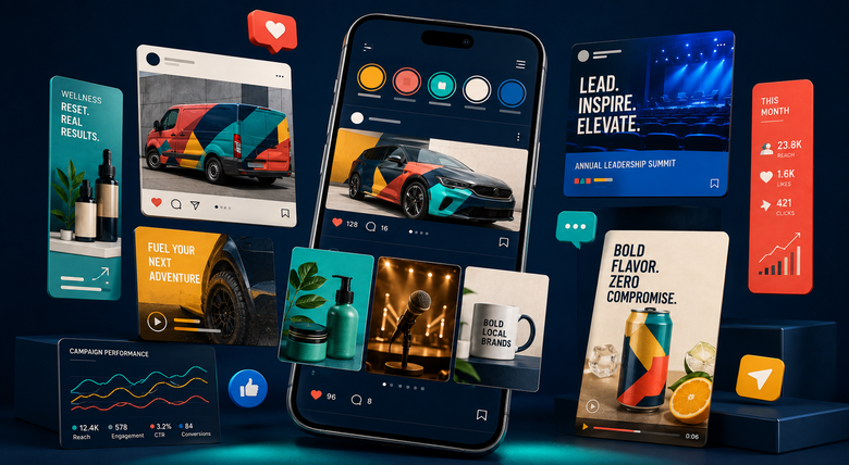 Assorted mobile app screens on dark background with colorful charts, cards, and UI icons