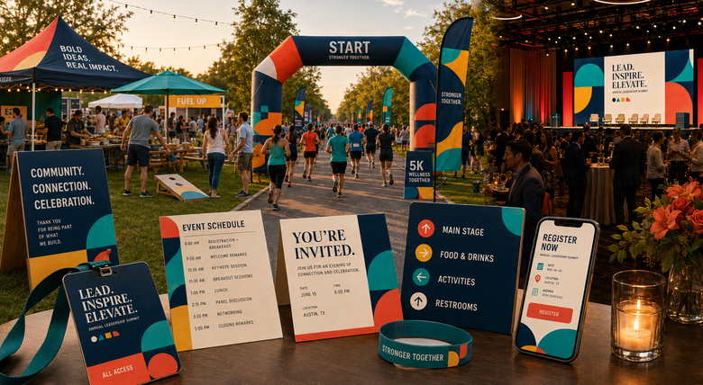 Outdoor event entrance with colorful arch, tents, and informational signs at sunset