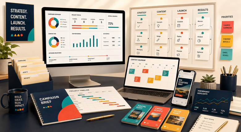 Desk with dashboards, charts, sticky notes, laptop, tablet, and planner in a modern workspace