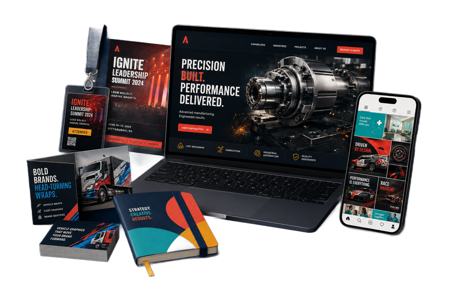 Gaming laptop with bold red-black branding, surrounded by matching accessories and a smartphone