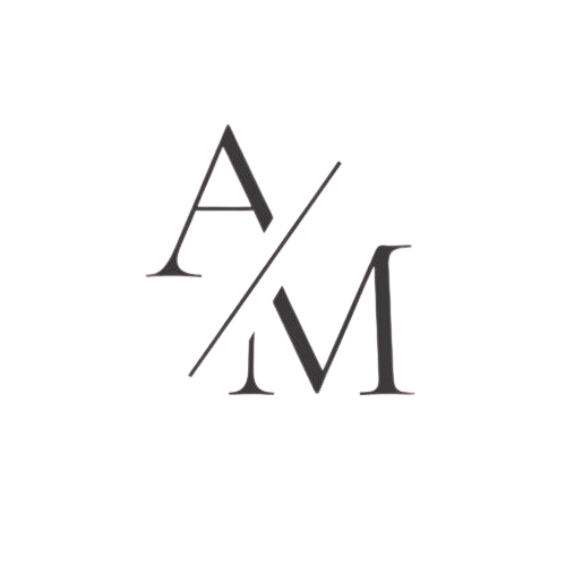 Pale yellow “A/M” monogram with a diagonal slash on a white background