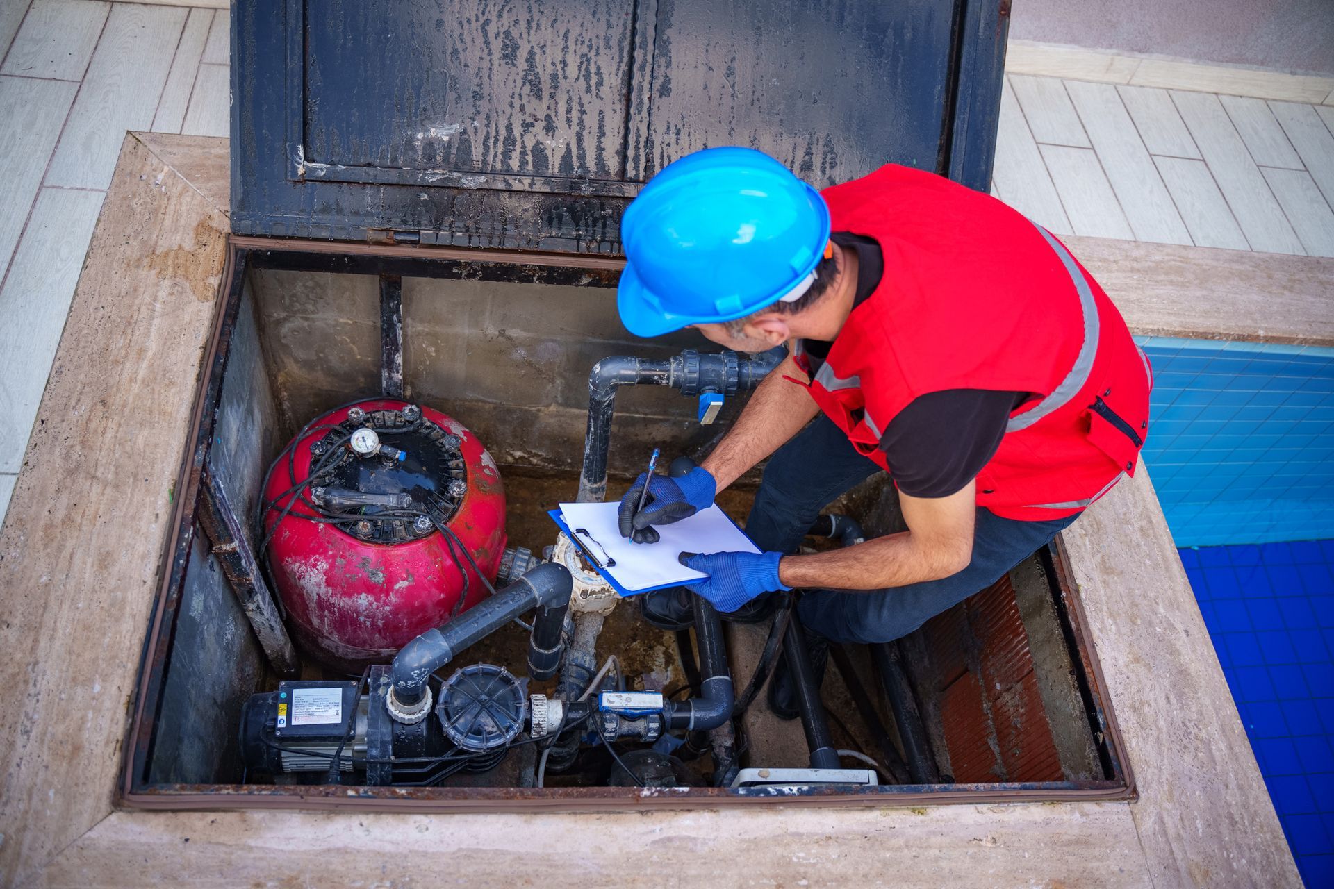 An expert from Barrett Engineered Pumps checking installation for sump pump system repair services. An expert from Barrett Engineered Pumps checking installation for sump pump system repair services.