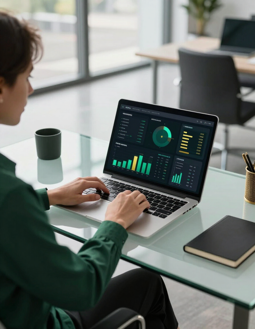 Business owner reviewing ad performance dashboard on a laptop