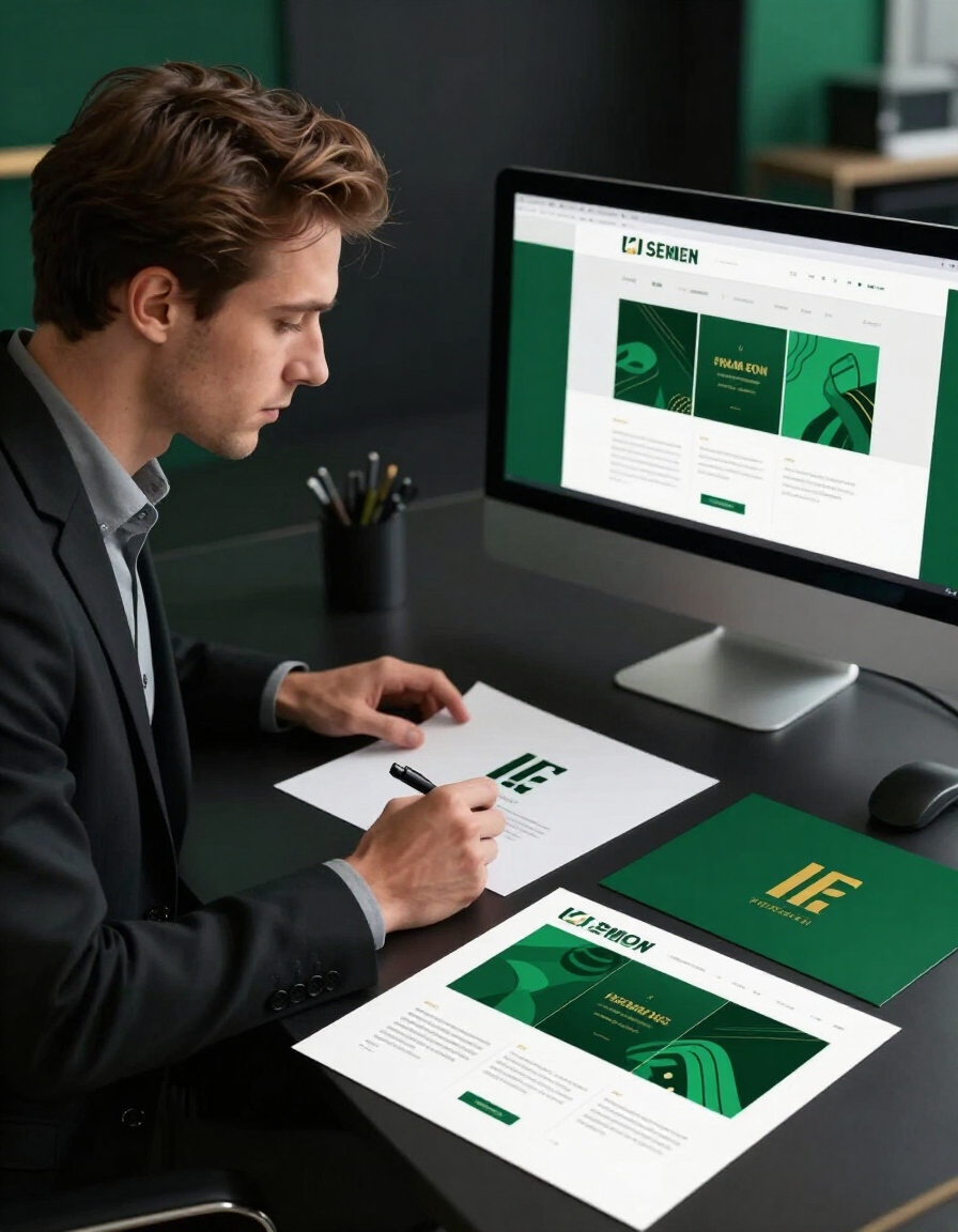 Professional reviewing logo concepts and a website mockup