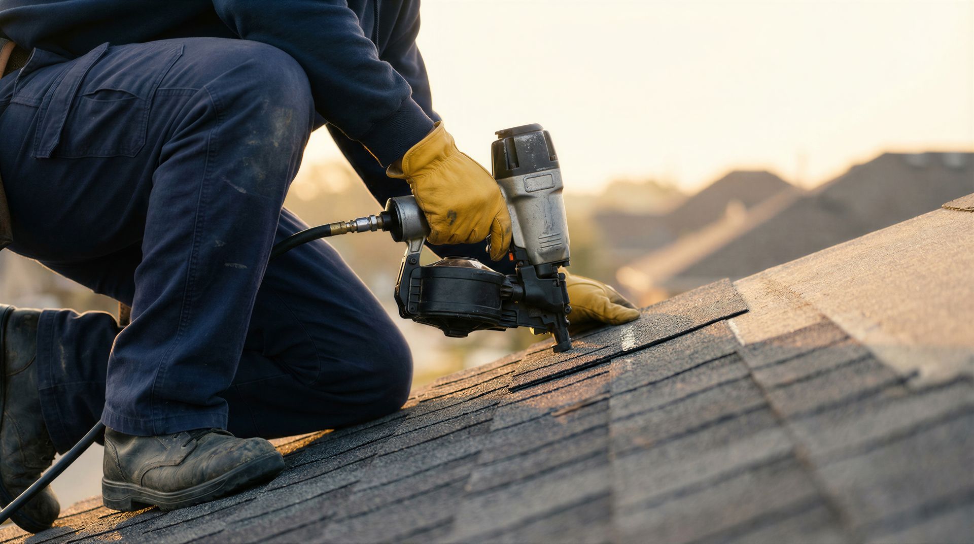 Kneeling roofer in yellow gloves uses a nail gun to fasten asphalt shingles on a rooftop at sunset.