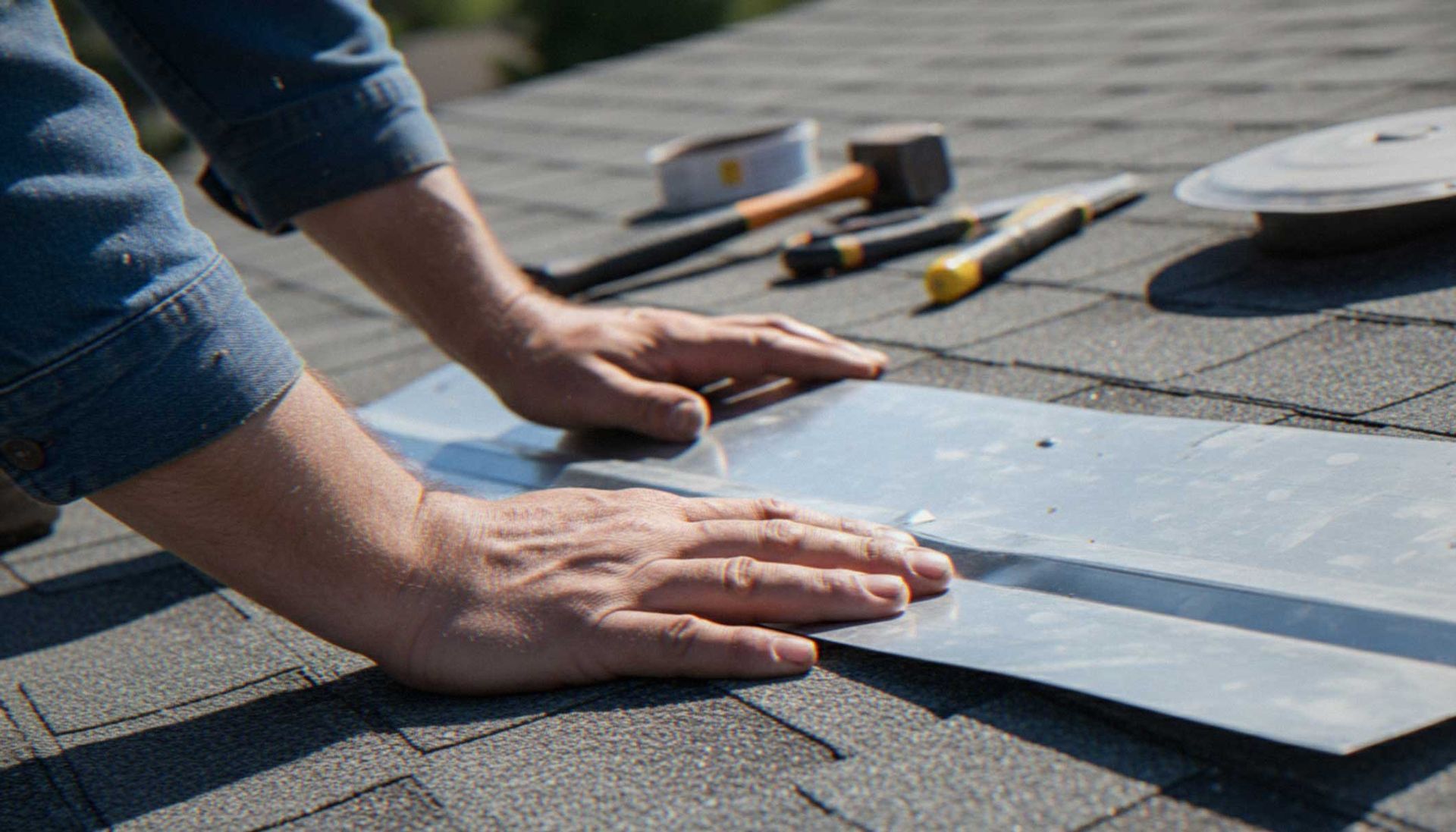A roofer's hands installing metal flashing on a residential asphalt shingle roof during a repair.