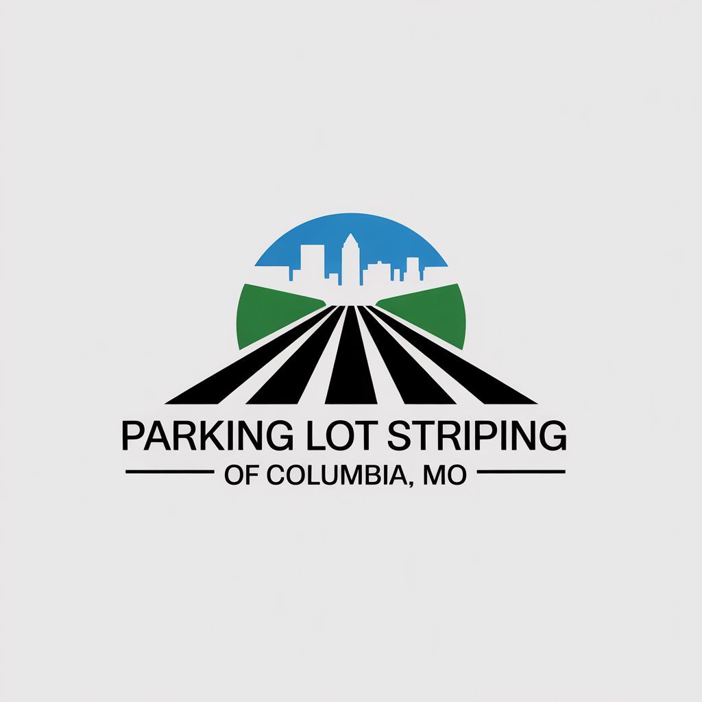 Parking Lot Striping Columbia, MO logo with road design and professional pavement marking branding