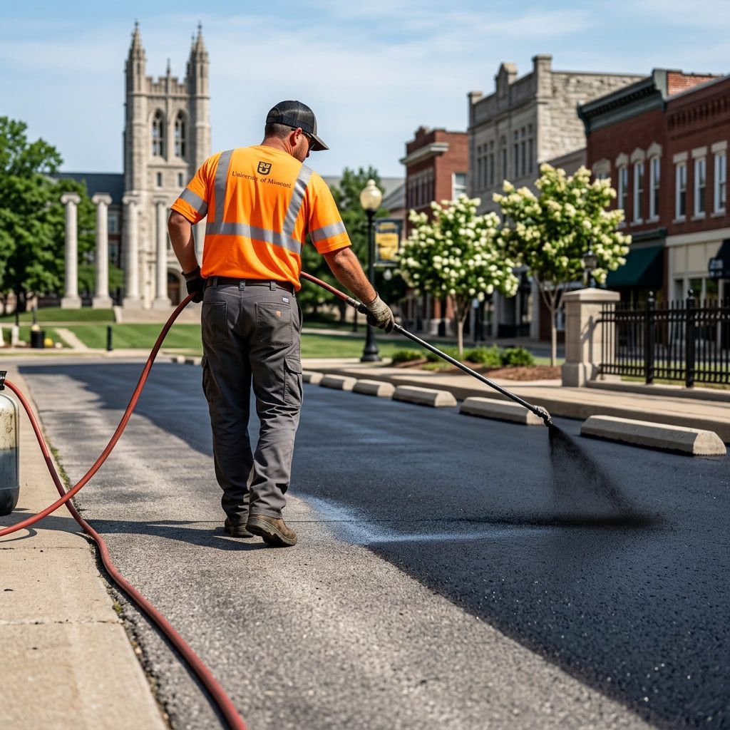 Asphalt sealcoating services in Columbia, MO protecting pavement with fresh black finish and smooth surface