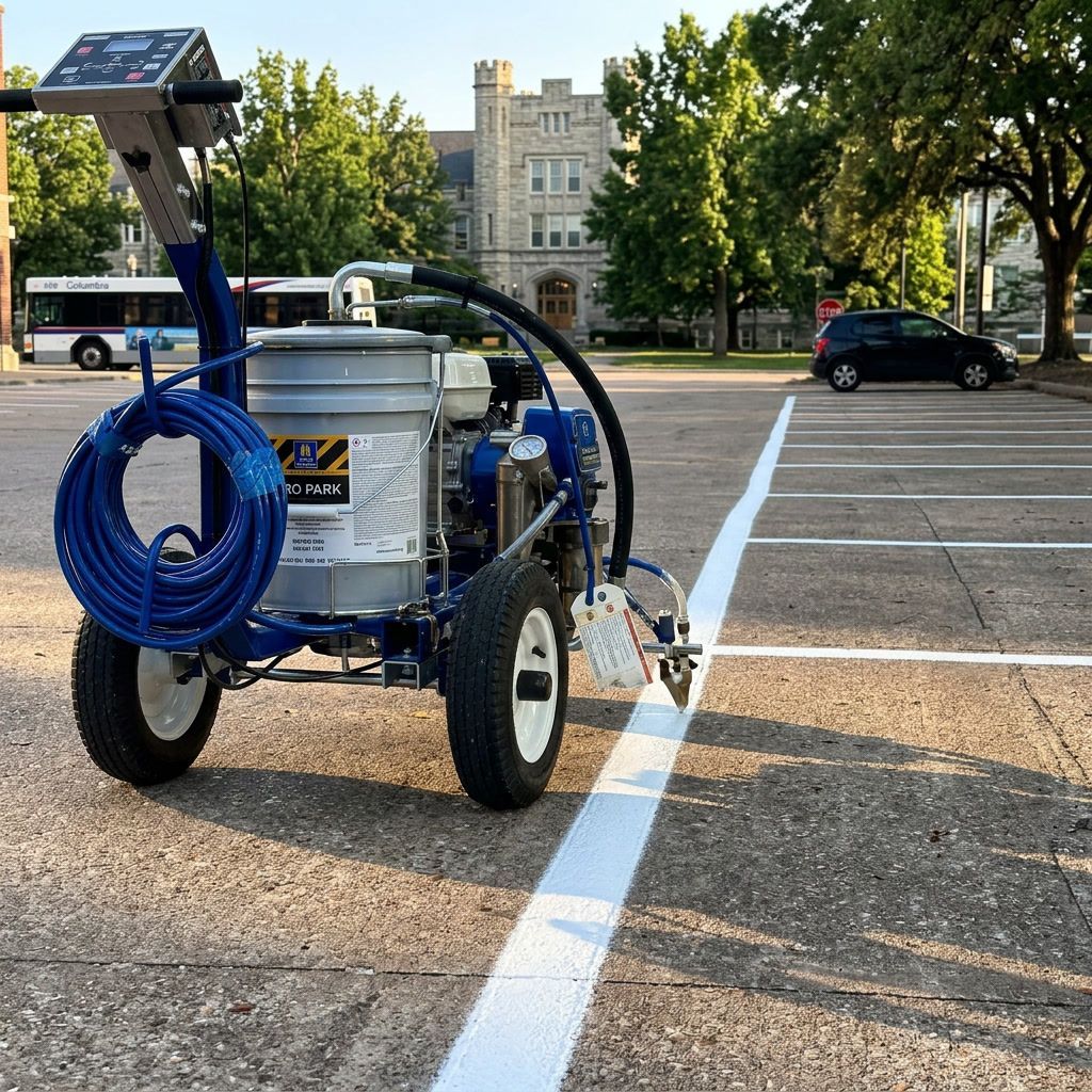 Commercial parking lot striping equipment in Columbia, MO creating clean lines and professional pavement markings