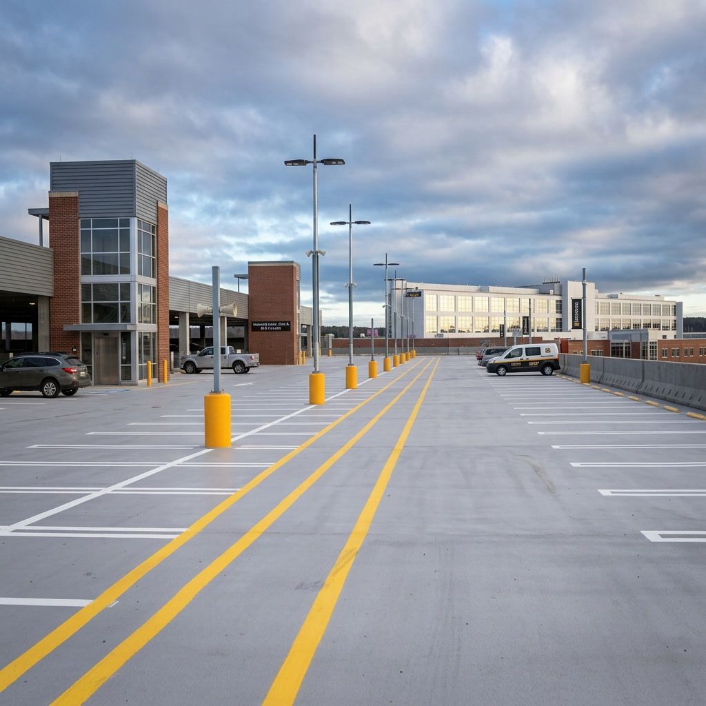 Professional parking garage striping in Columbia, MO with clean pavement markings and organized parking layout