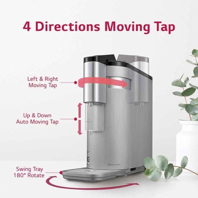 Diagram of a silver water dispenser showing a tap that moves in four directions and a rotating tray.