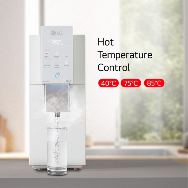 White LG water dispenser with hot temperature control options: 40°C, 75°C, 85°C. Water pouring into a glass.