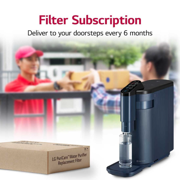 LG Puricare water purifier with filter subscription. Delivery person delivers filter box.