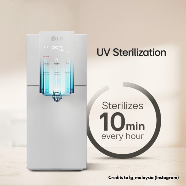 White LG water purifier with blue UV sterilization, sterilizing for 10 minutes every hour.