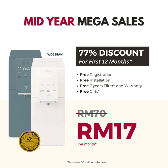 LG advertisement: 50% discount on a water purifier for 18 months, originally RM60, now RM30. Includes free installation, filters, and warranty.