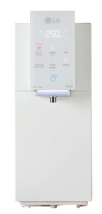 White LG water purifier with digital display and dispensing nozzle.