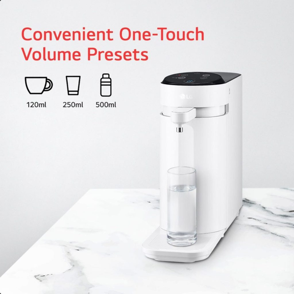 White water dispenser with one-touch volume presets: 120ml, 250ml, 500ml. A glass is filled.