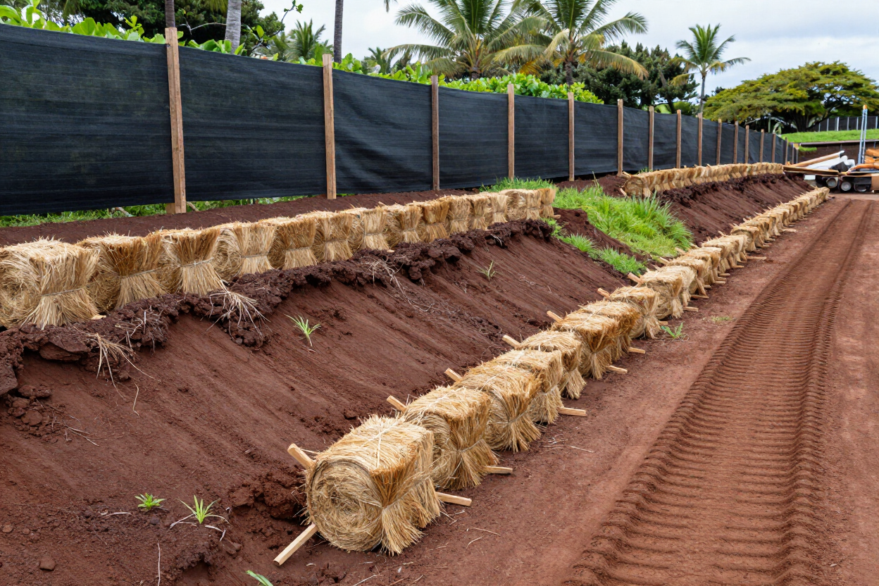 Silt fence and erosion control measures at a construction site