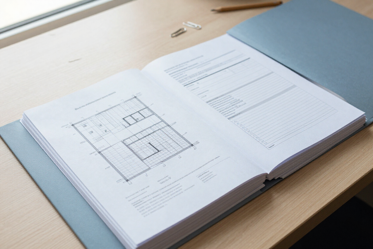 Organized permit plans and application forms on a desk