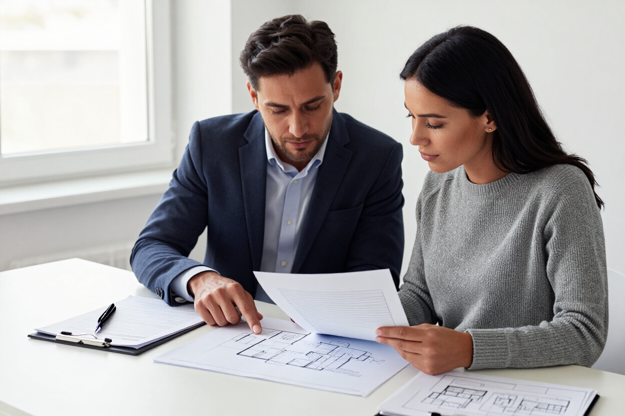 Permit consultant and homeowner reviewing building plans and documents