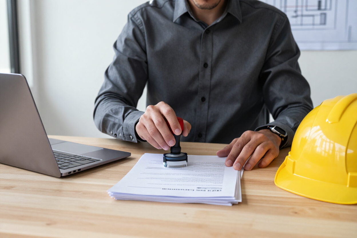 Permit documents being stamped at a desk