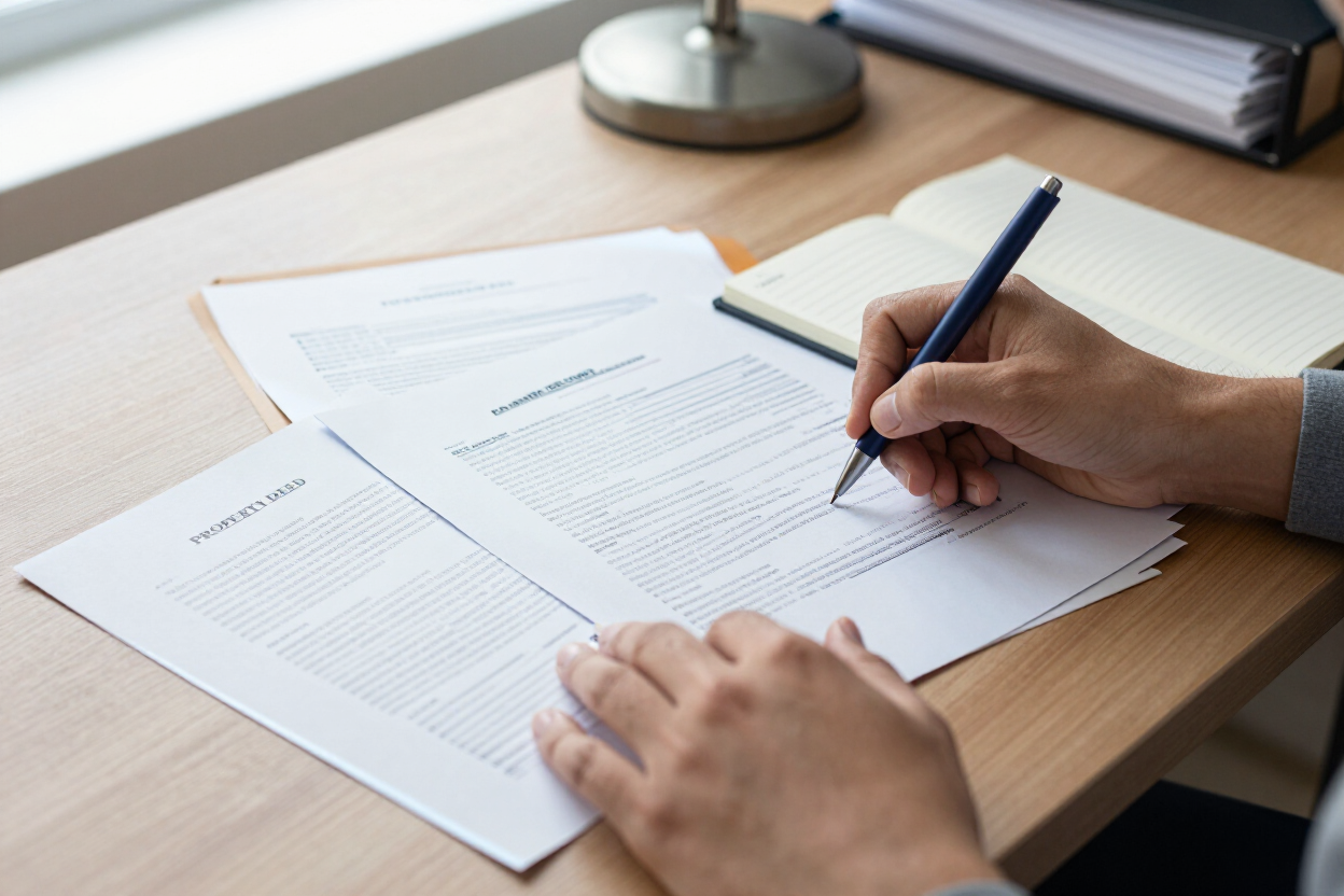 Hands annotating property deed and easement records at a desk