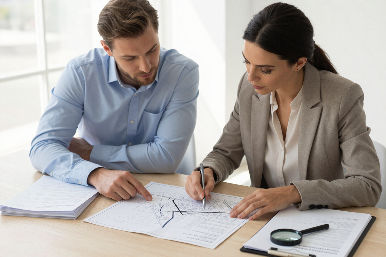 Two people reviewing property title records and a land survey