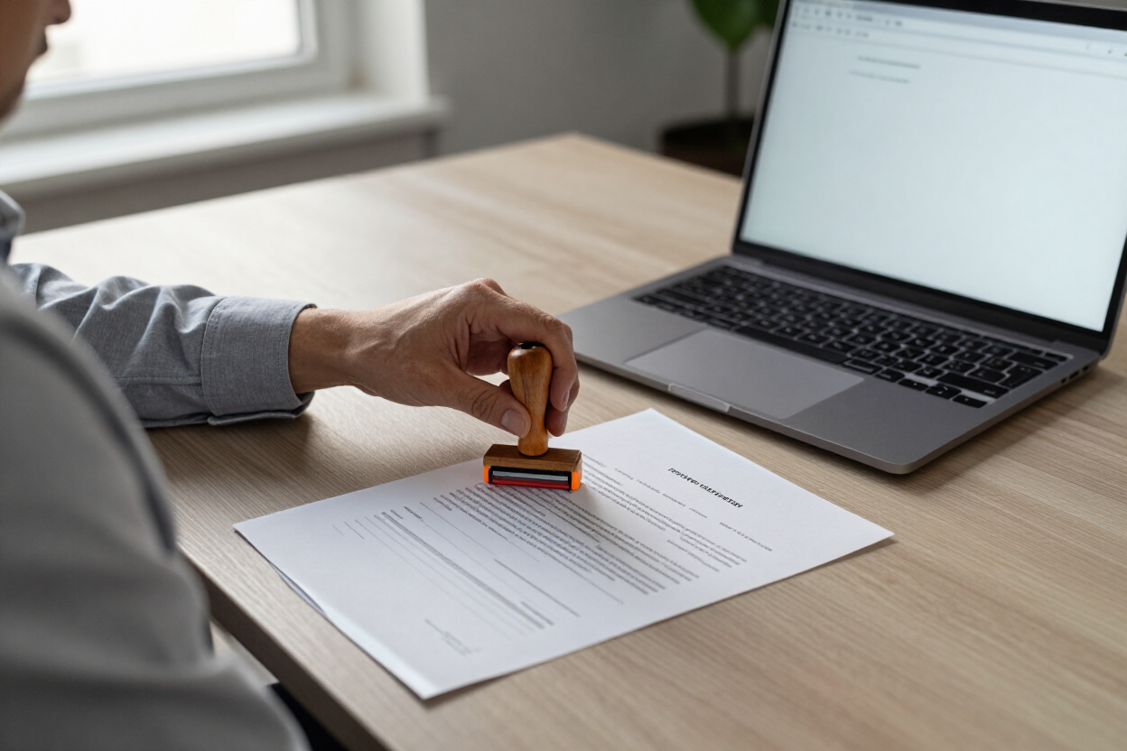 Property deed documents being stamped at a desk
