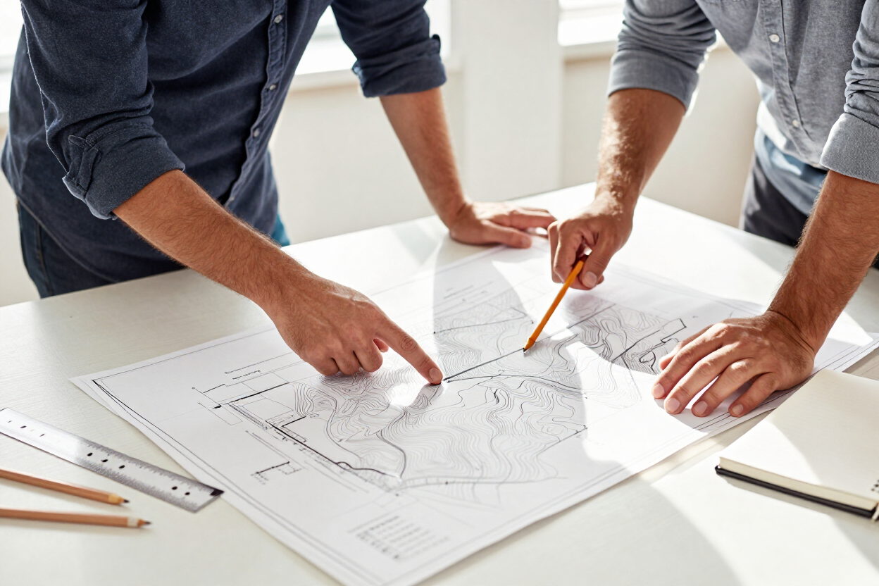Two people reviewing a site grading plan Two people reviewing a site grading plan