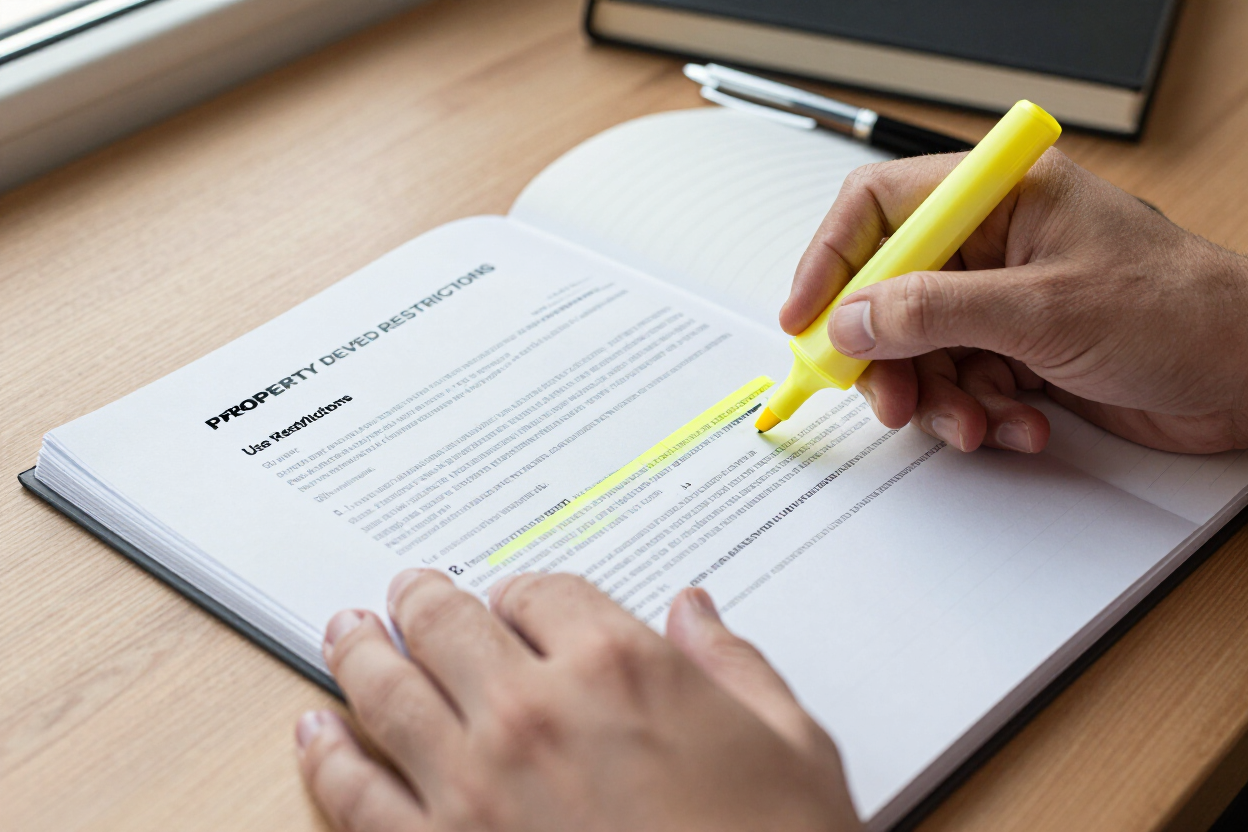 Hands highlighting clauses in a property deed restrictions document