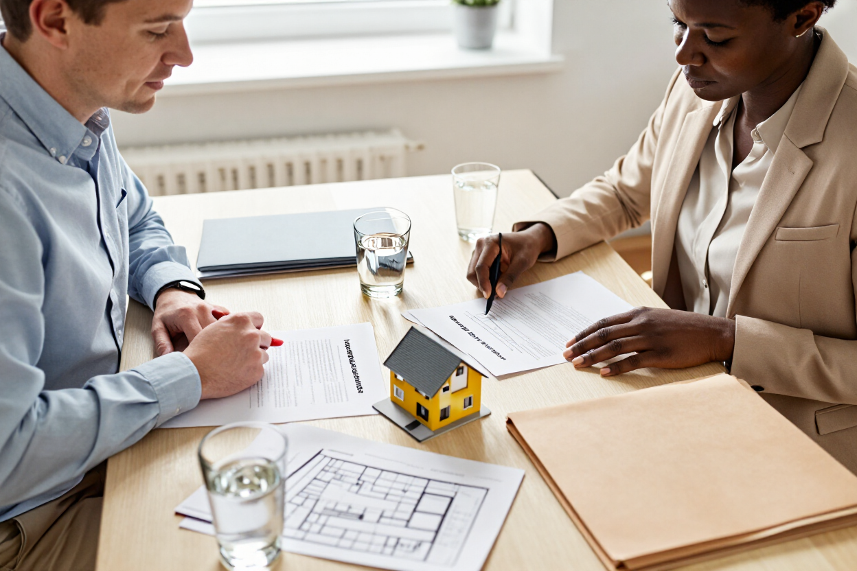 Two people discussing property deed restrictions and a house model