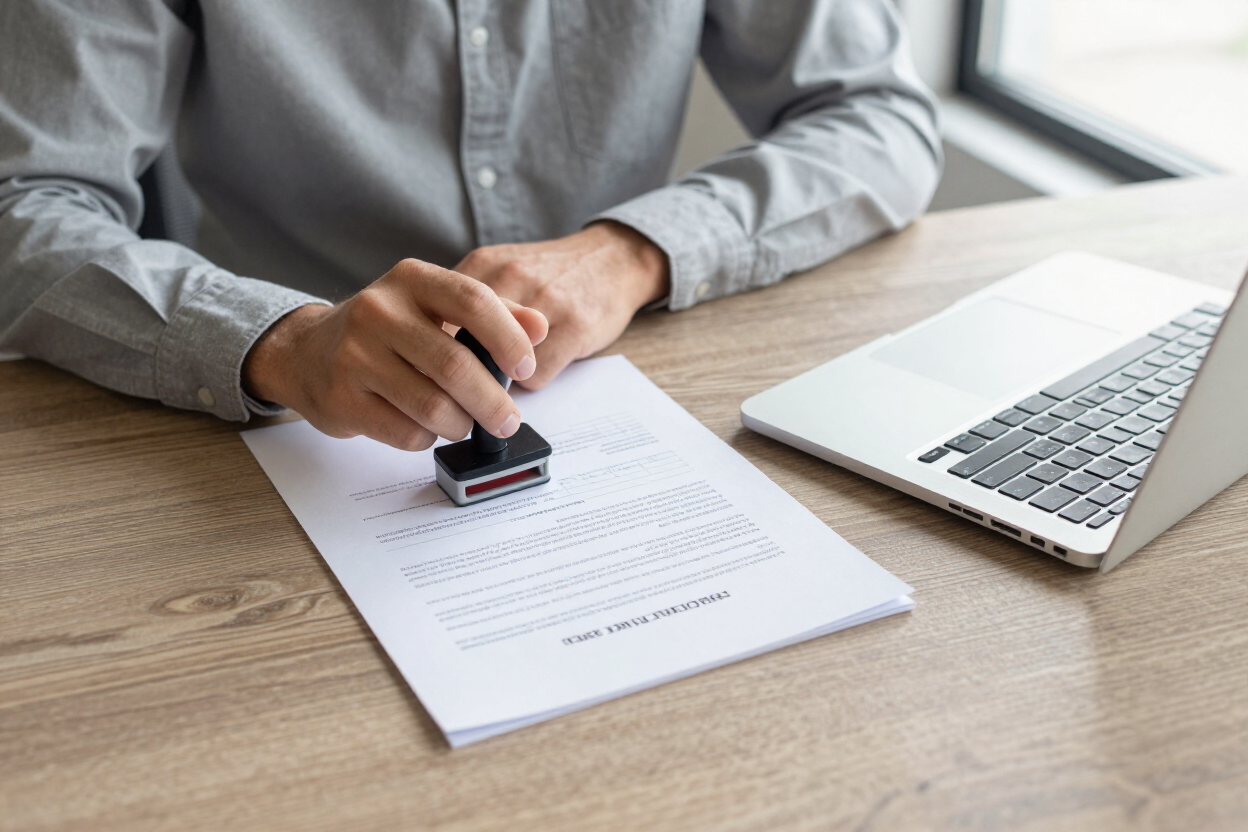 Property deed restriction documents being stamped at a desk