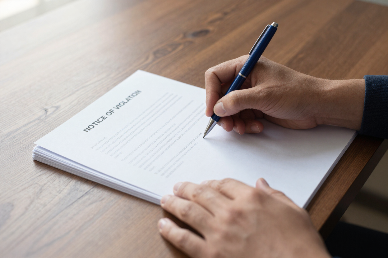 Hands writing a response to a building notice of violation
