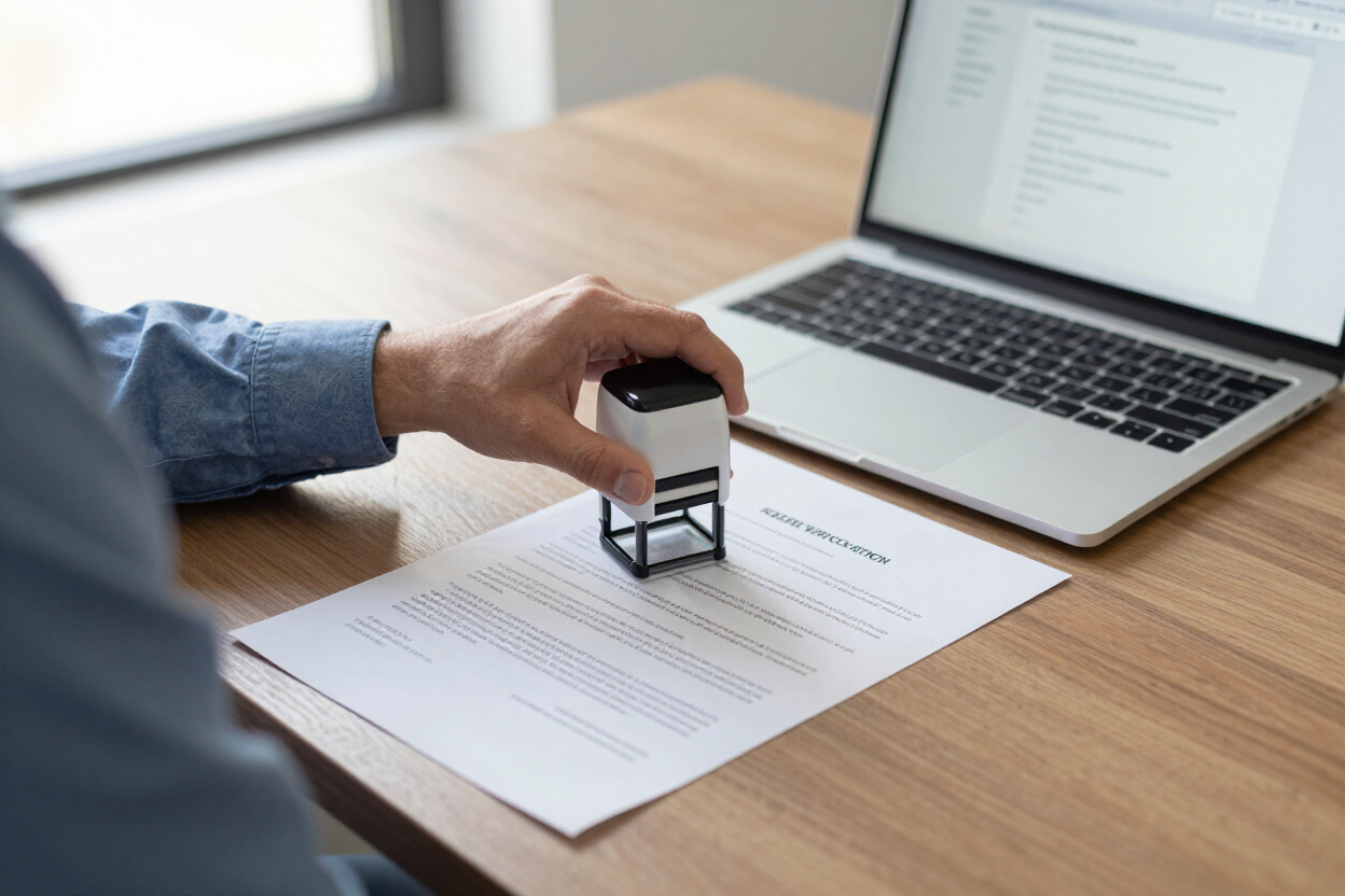 Building violation compliance documents being stamped at a desk