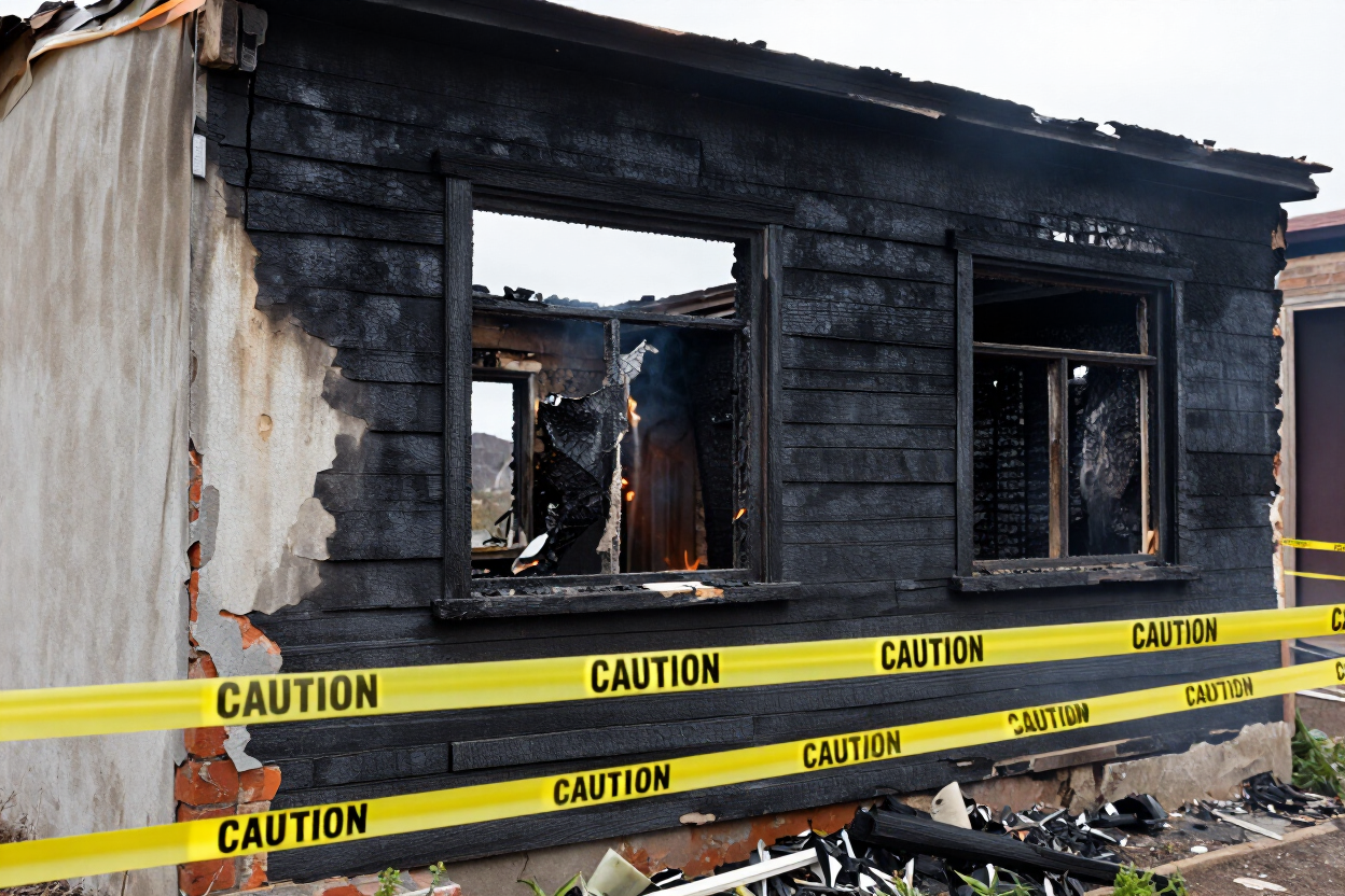 Fire-damaged building with caution tape marking a safety hazard