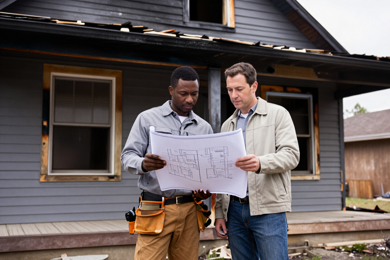Contractor and homeowner reviewing repair plans for a fire-damaged home