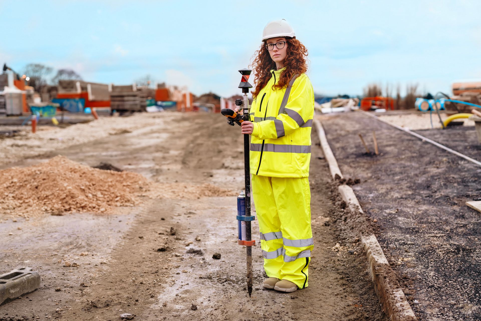 Construction worker in neon safety gear holding surveying equipment on a roadwork site