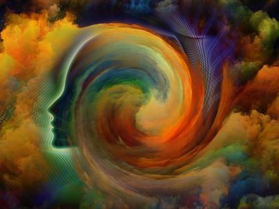 A painting of a woman's face in a colorful swirl.