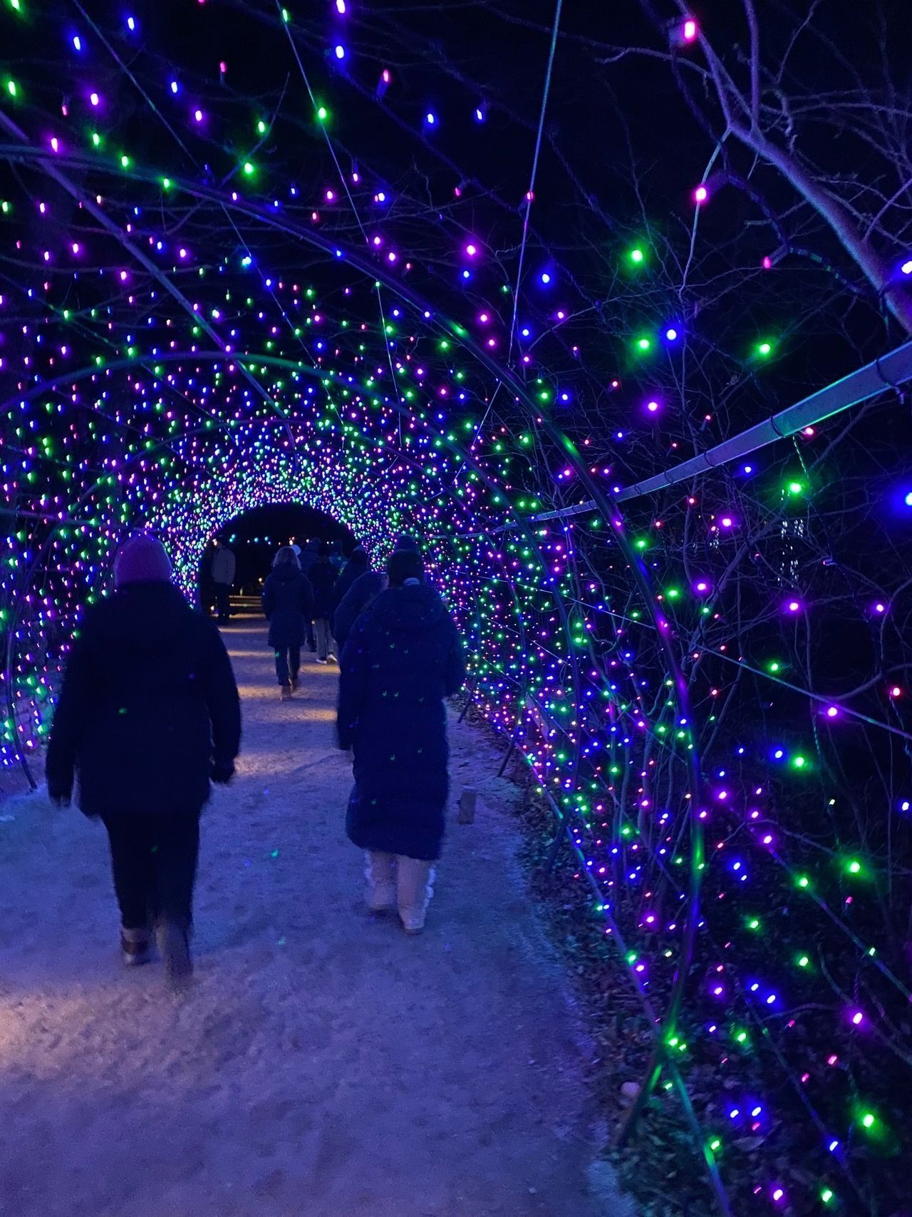 Two people are walking through a tunnel of christmas lights.