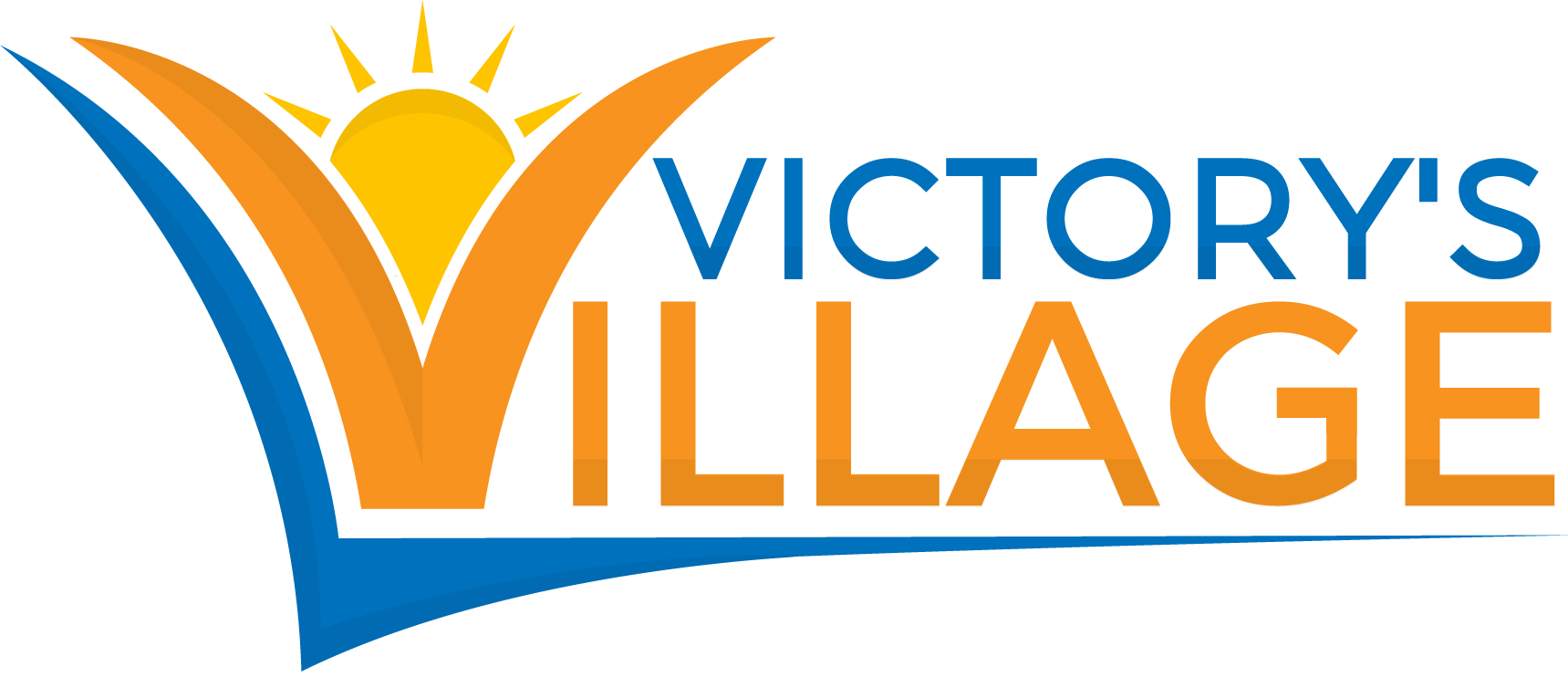 The logo for victory 's village is blue and orange with a sun in the middle.