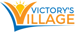The logo for victory 's village is blue and orange with a sun in the middle.