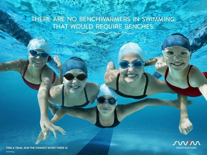 Five swimmers underwater smiling in a pool, with text about benches not needed in swimming