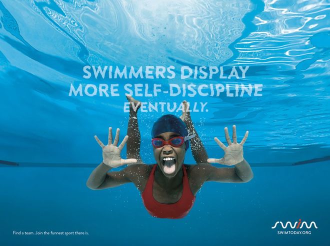 Swimmer underwater raises hands in pool beneath text: “Swimmers display more self-discipline eventually.”