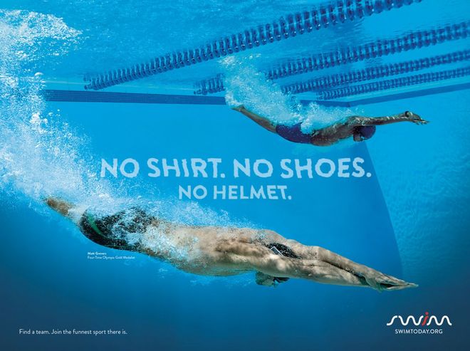 Swimmer underwater beside text: “No shirt. No shoes. No helmet.”