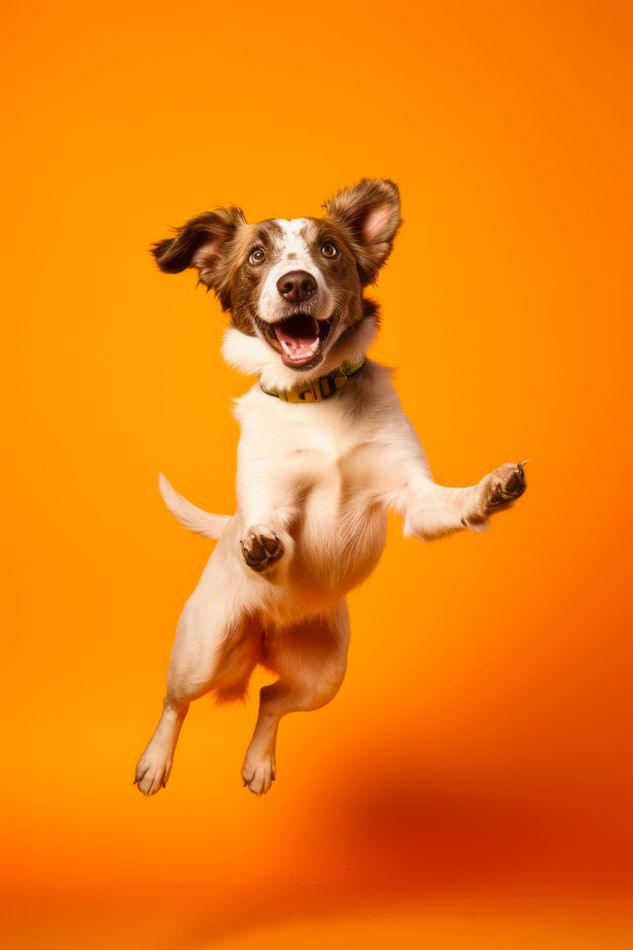 Small dog jumping against a bright orange background, ears flopping and mouth open happily