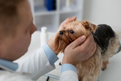 Registered Veterinary Technician Examining Yorkshire Terrier at Auburn Bay Animal Hospital